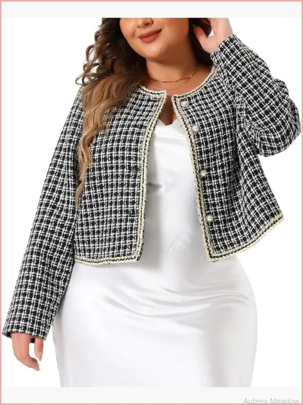 Plus Size Plaid Tweed Blazer Collarless Long Sleeve Open Front Work Jacket